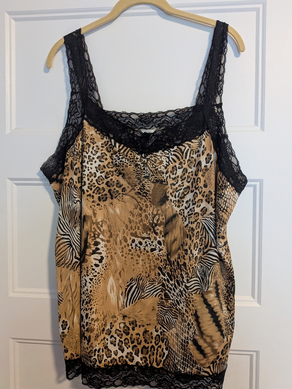 Lace-Trim Animal Print Cami Tank Top - Black & Tan